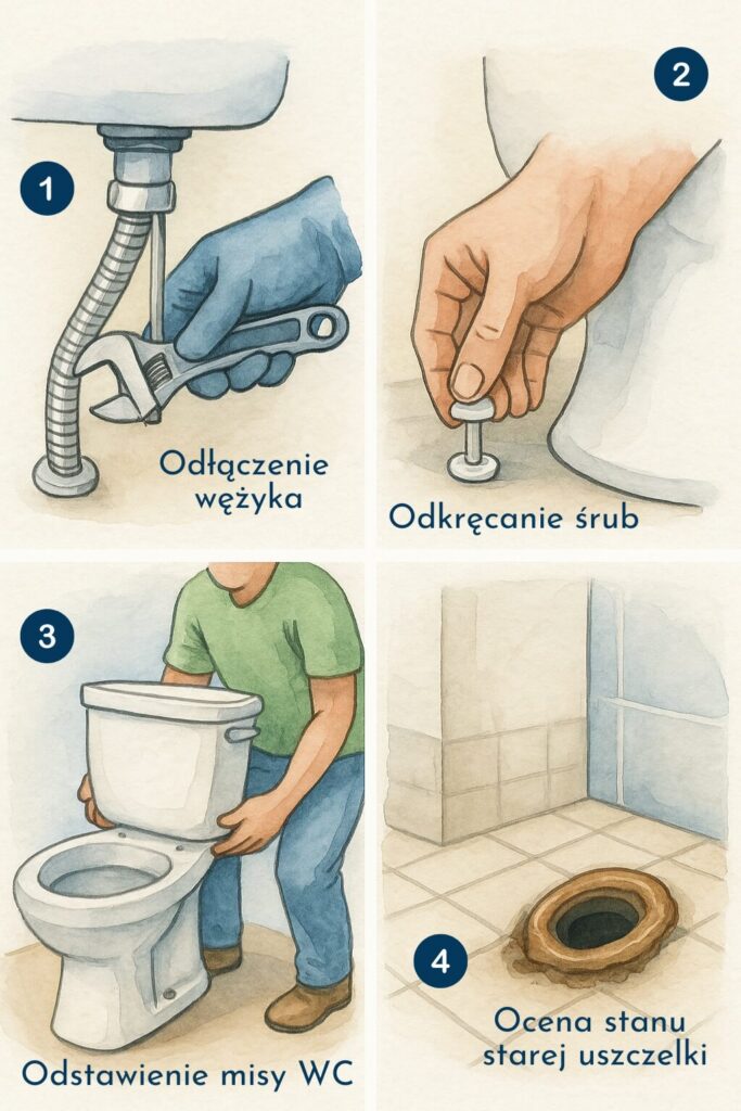 infografika przedstawiająca demontaż sedesu demontaż sedesu w 4 krokach
