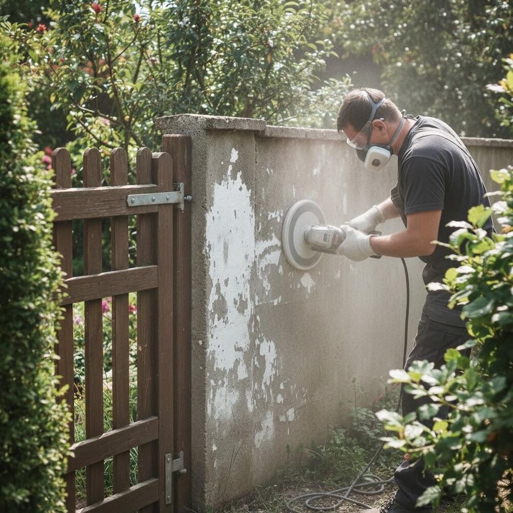 jak odnowić stary murek betonowy - szlifowanie starej farby jak odnowić stary murek betonowy - ściąganie starej farby