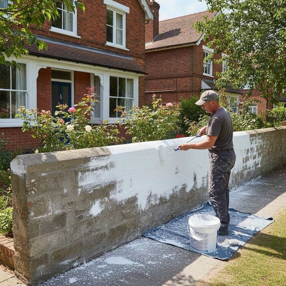 malowanie wałkiem ogrodzenia przy domu na biało malowanie muru na biało