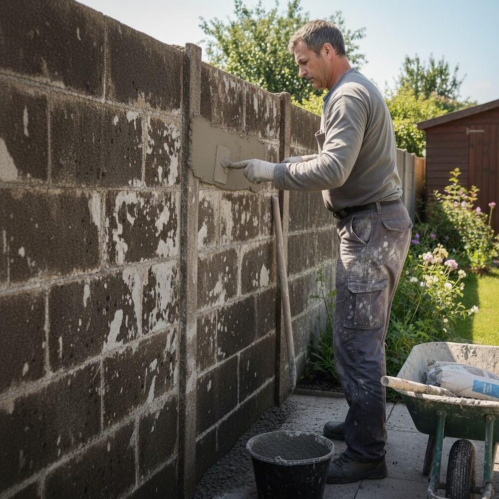 wyrównywanie ścian murku zaprawą odnawianie murku zaprawą