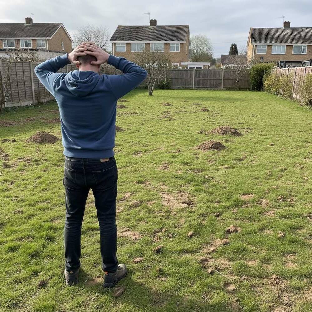 trawnik z kopcami zniszczony przez krety trawnik z kopcami kretów