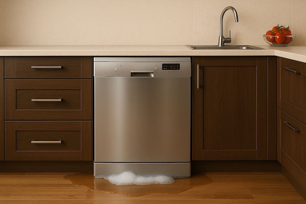 wypływająca piana z wodą ze zmywarki zmywarka z wodą i pianą na wierzchu