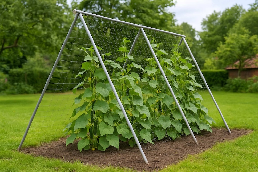 jak podwiązać ogórki na budowli z rurek 