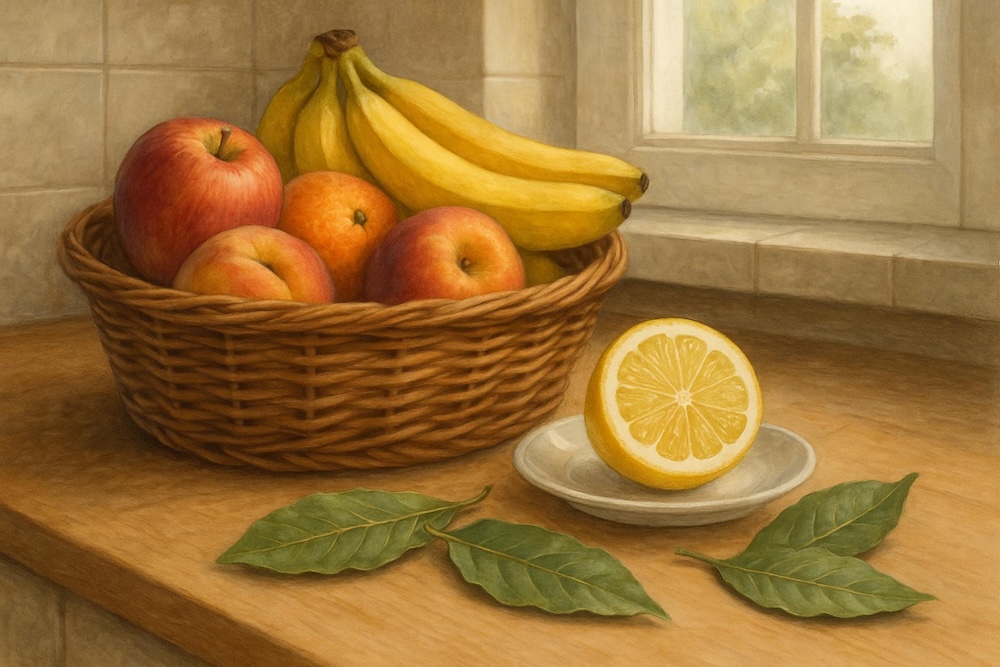 sposób na muszki owocówki - liść laurowy przy koszu z owocami sposób na muszki owocówki - liść laurowy przy cytrynie