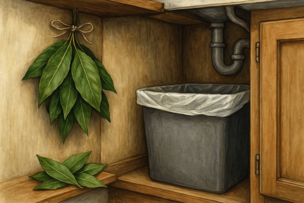 sposób na muszki owocówki - liść laurowy w szafce na śmieci sposób na muszki owocówki - liść laurowy przy śmieciach